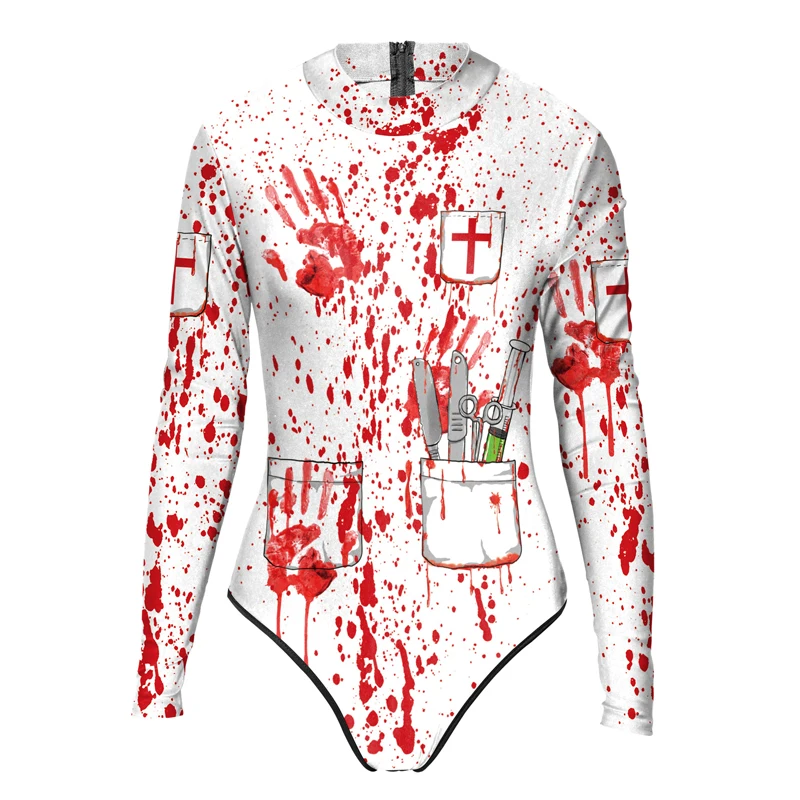 ชุดว่ายน้ำวันฮาโลวีนลายพยาบาลเปื้อนเลือด แขนยาว พิมพ์ลาย ช่วยให้ดูผอม เซ็กซี่ แบบชิ้นเดียว เสื้อยืด สตรีทแฟชั่น สำหรับผู้หญิง