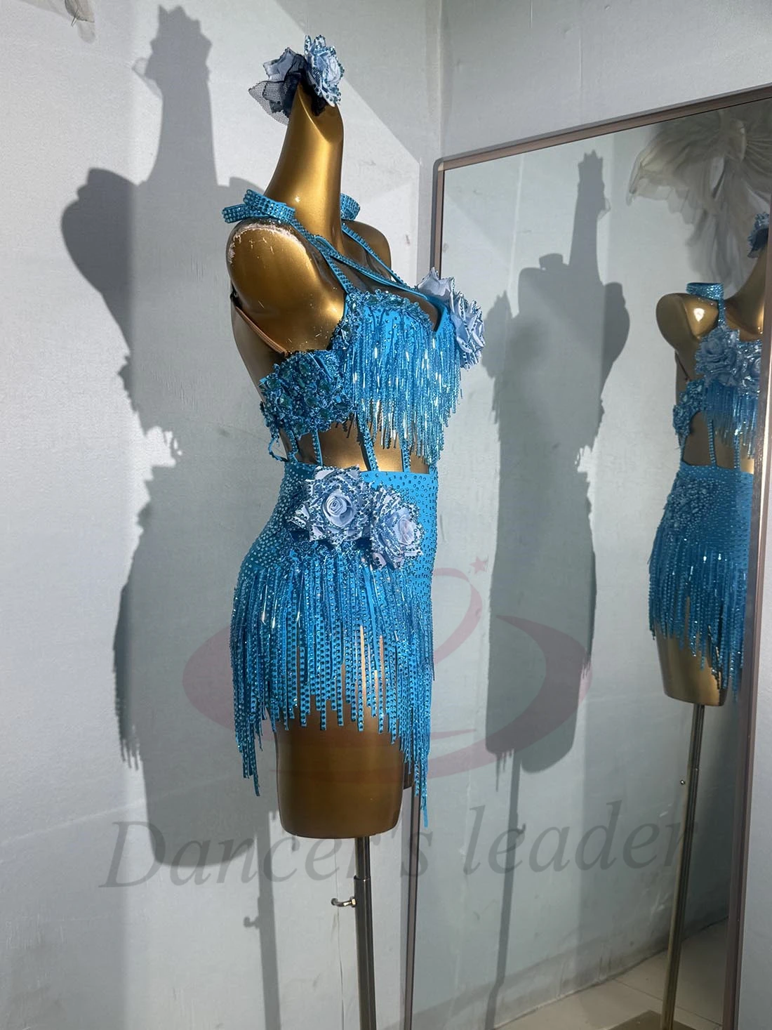 Latin Dancer, Adult, And Children'S High-End Custom Blue Handmade Flower Cha Cha Tango Rhinestone Performance Dress