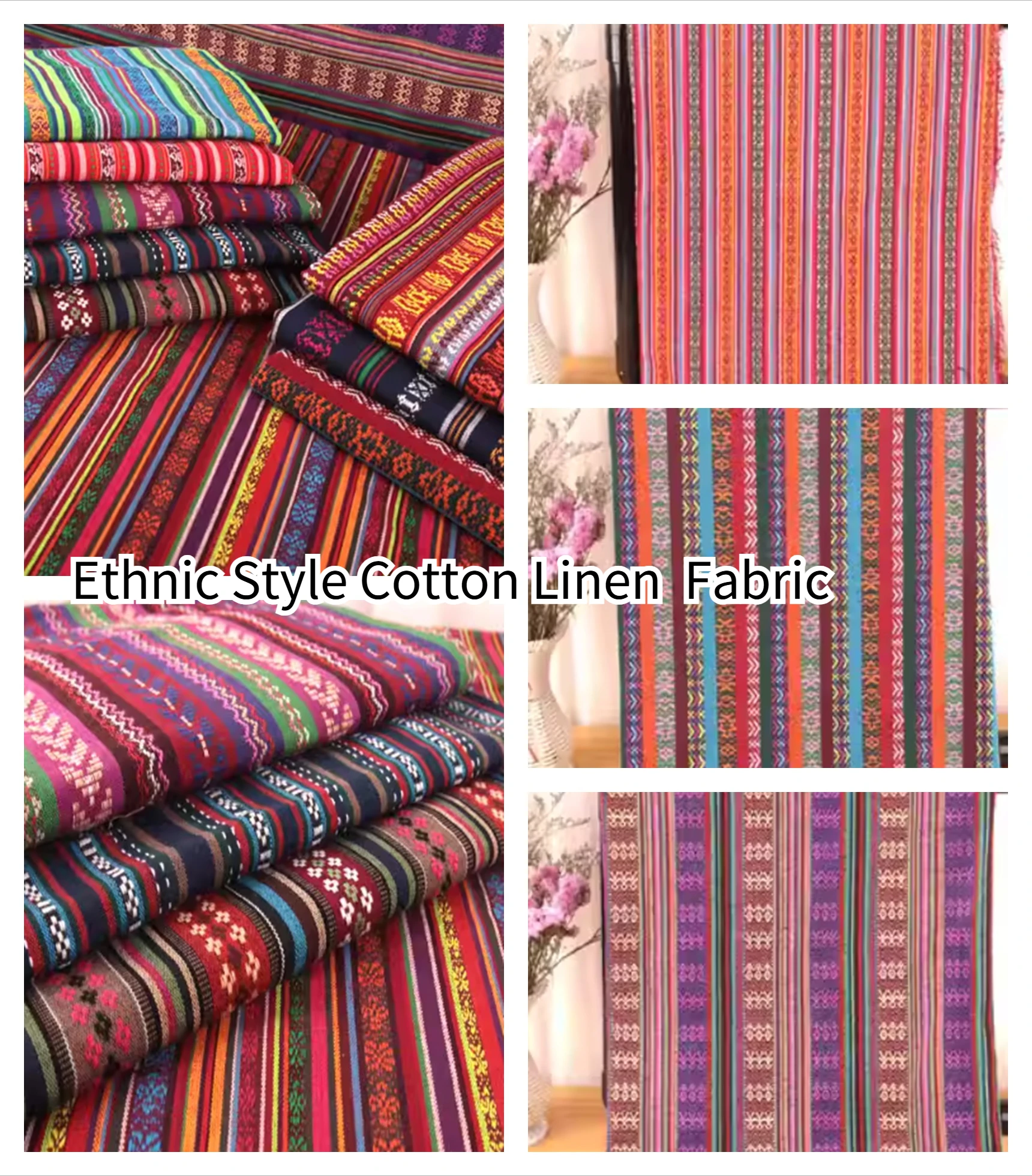 

Bohemian Ethnic Style Cotton Linen Striped Fabric With Pattern By tThe Meter Vintage for Shawl Scarf Bag Tablecloth Diy Craft