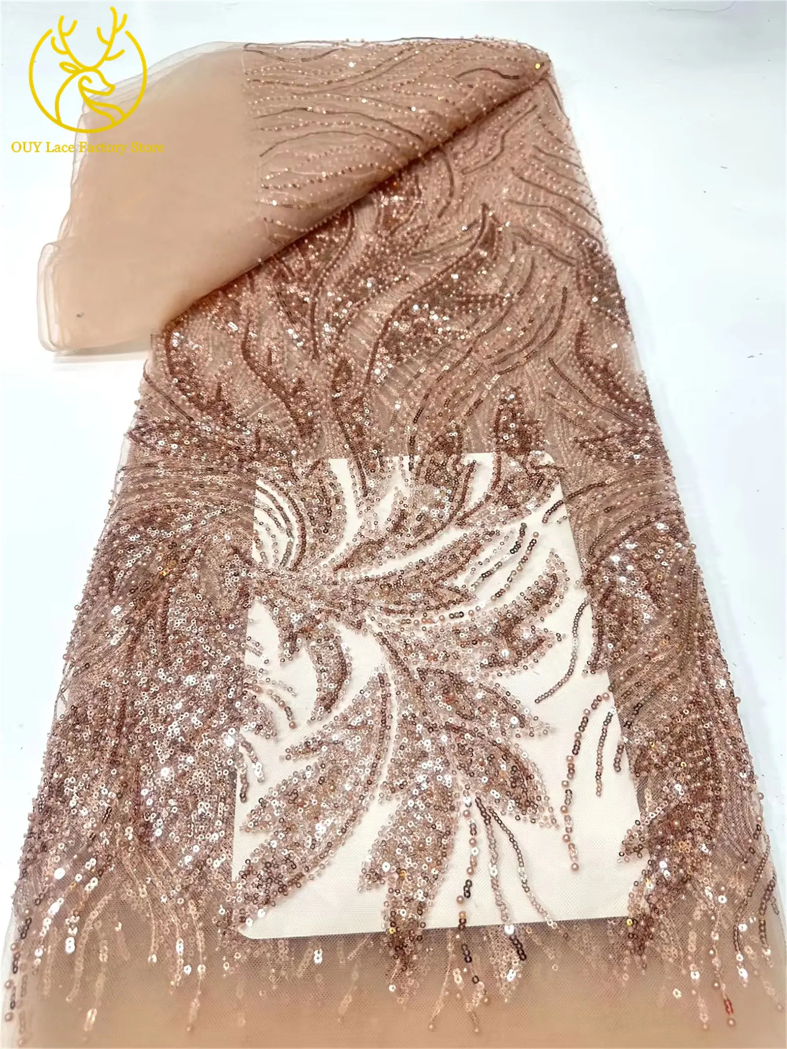 Luxuriöser Afrikanischer Bräutigam Perlenverzierter Tüll-Spitzenstoff Goldene Französische Pailletten-Spitze 5 Meter Nigerianischer Stoff für Brautkleider – Detail 19