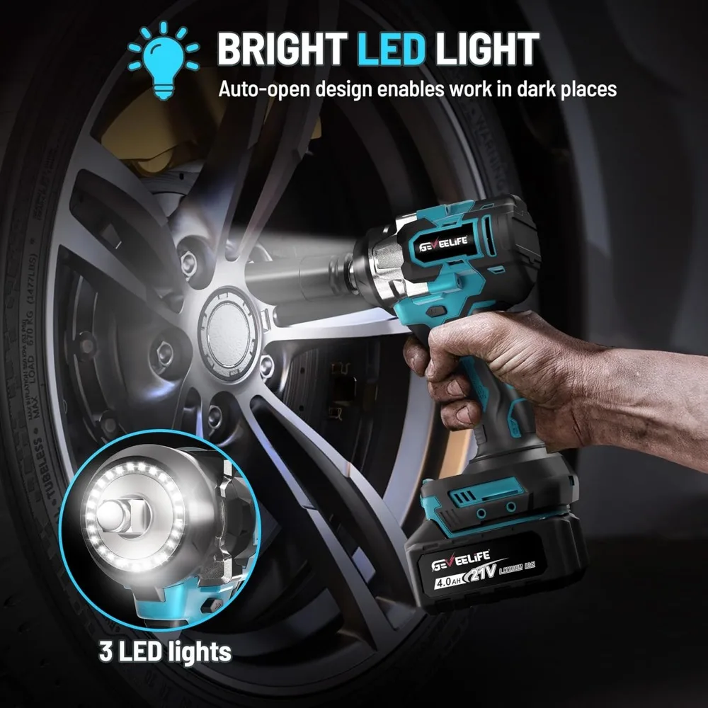 650 Nm Akku-Schlagschrauber 1/2 Zoll mit 2 Akkus und Steckdosen, 3300 U/min Elektrowerkzeug für Auto-DIY-Möbel