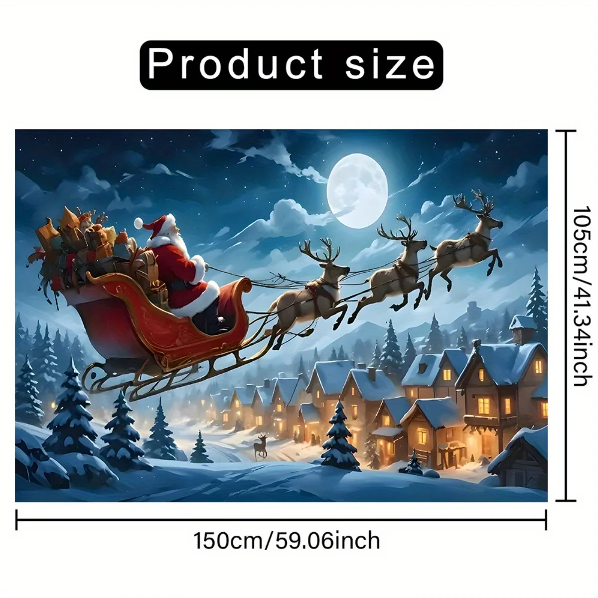 1 pancarta navideña de fondo súper grande, escena de pueblo nevado de renos y trineo de Papá Noel, tela de poliéster duradera, sin electricidad