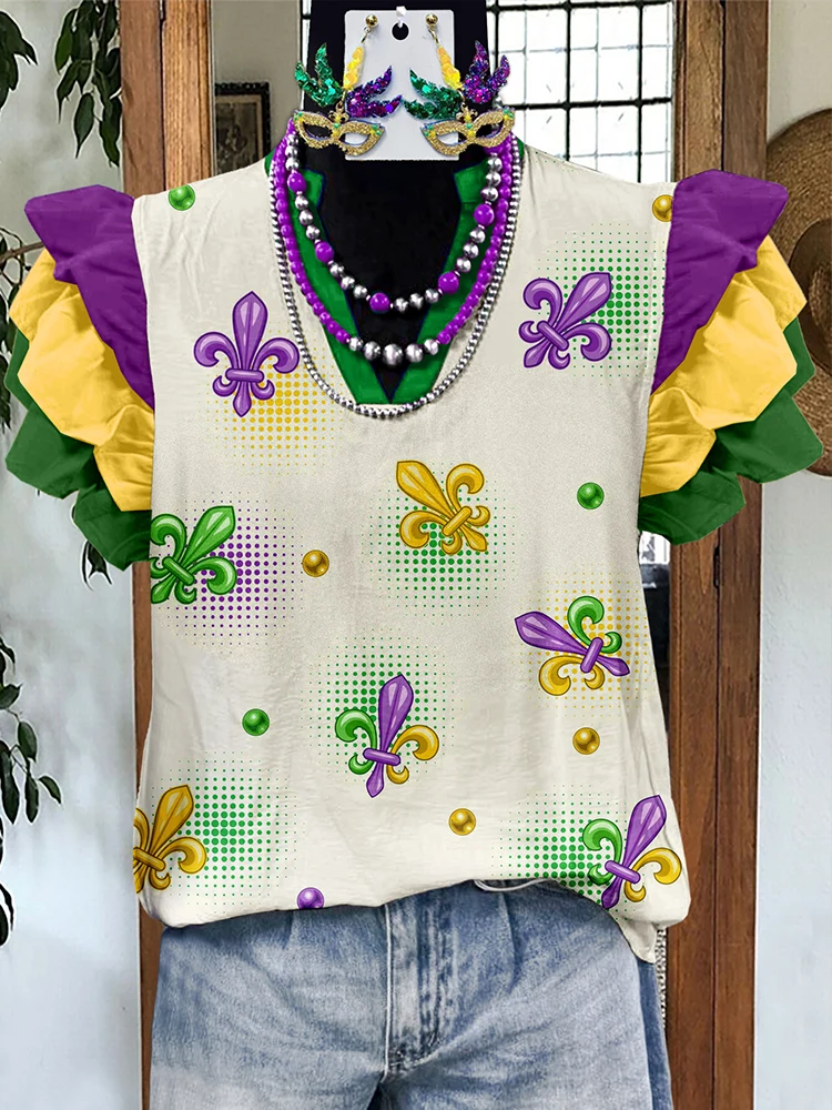 Vintage Mardi Gras Print Fly Sleeve Blouse