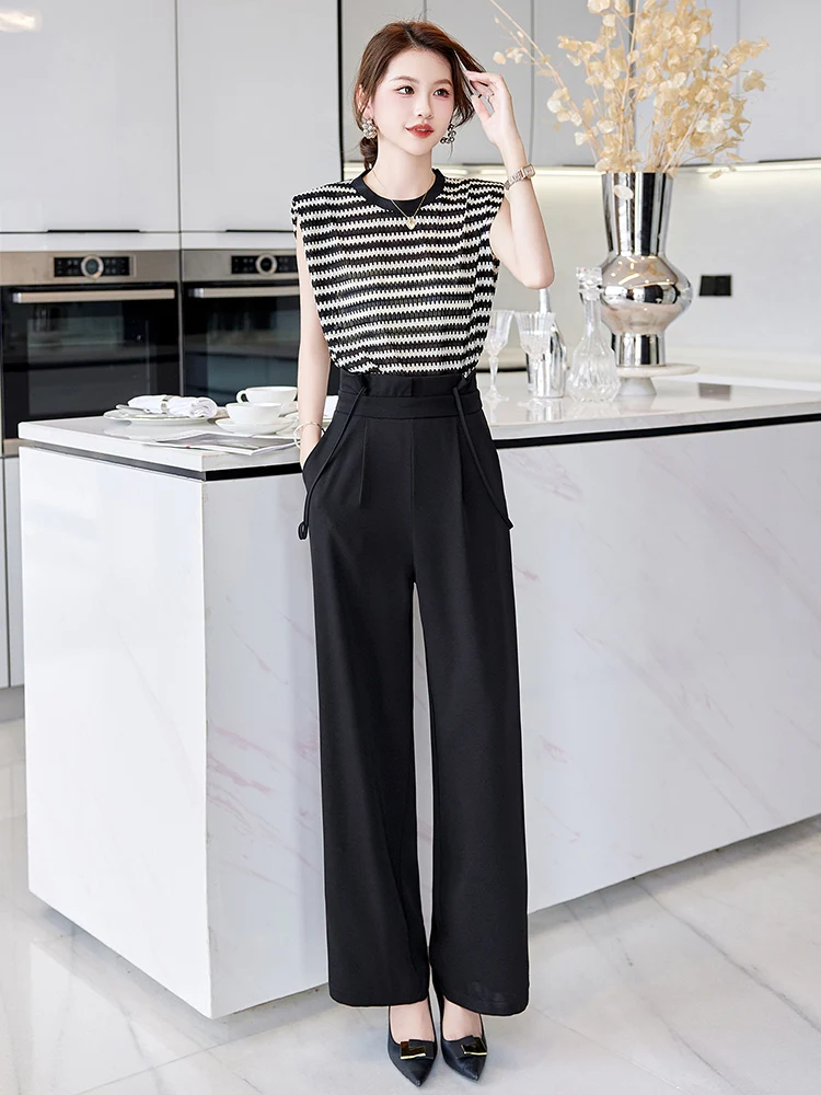 

High Waist Drapey Loose Wide Leg Overalls Two Piece Set Faionable European Design Slimming Top And Overalls Combo