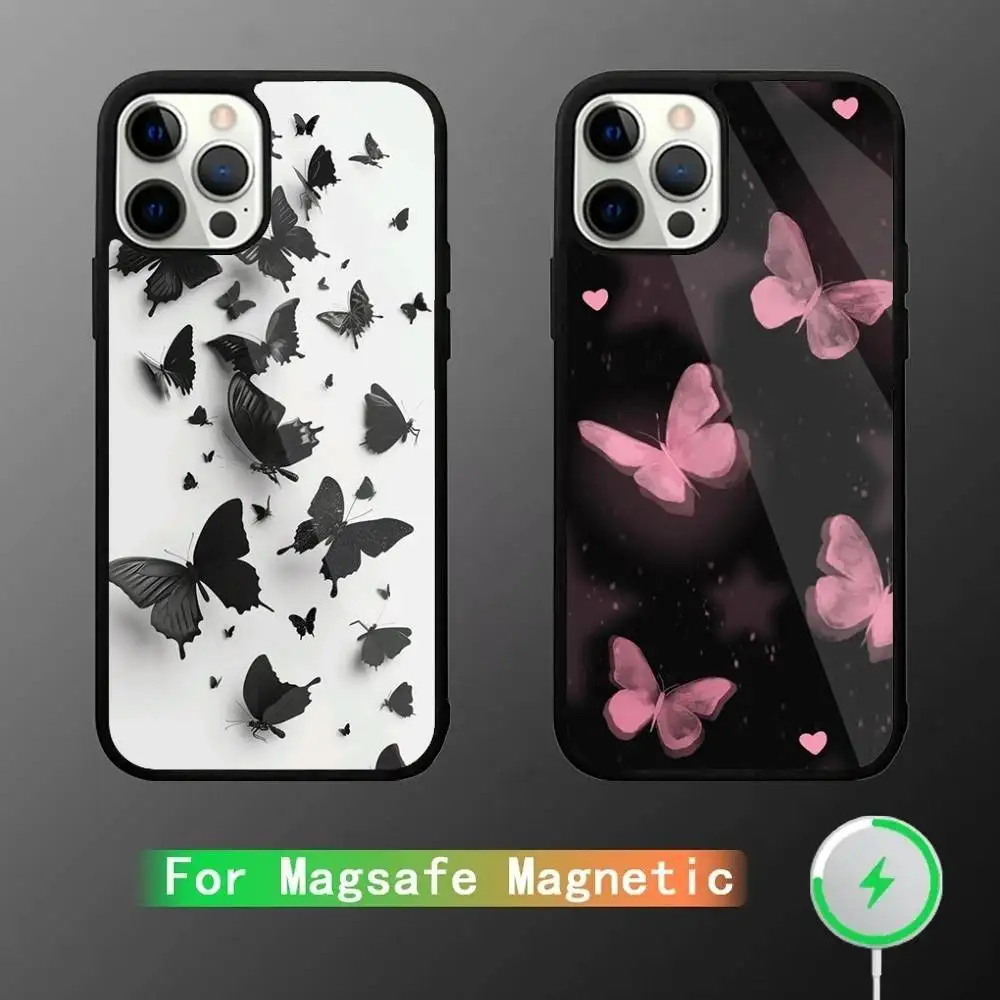 

Butterfly Love Black Phone Case For iPhone 16,15,14,13,12,11,Pro,Max,Plus,Mini,SE New Magsafe Magnetic Wireless Charging