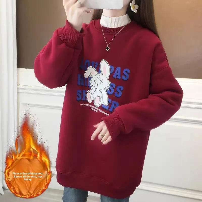 

Thickened Fleece Hoodie Sweatshirt Women's Casual Fashion Patchwork Half-High Collar Letter Print Autumn Winter New Style