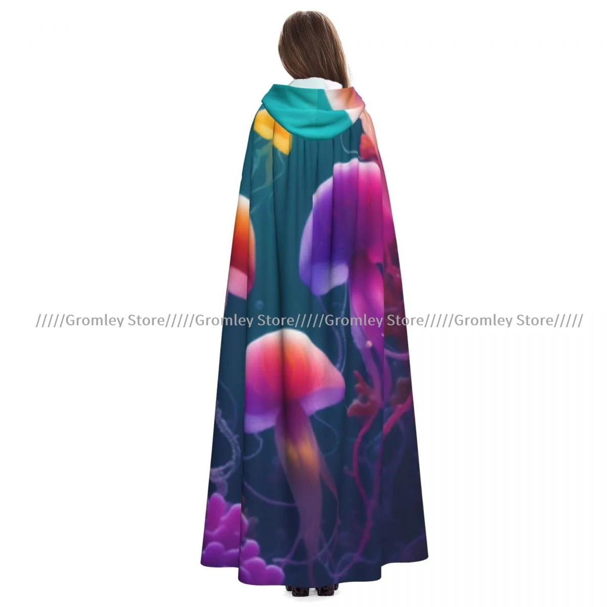 Adult Colorful Jellyfish Under The Sea Cloak Cape Hooded Medieval Costume Witch Wicca Vampire Halloween Costume Dress Coat