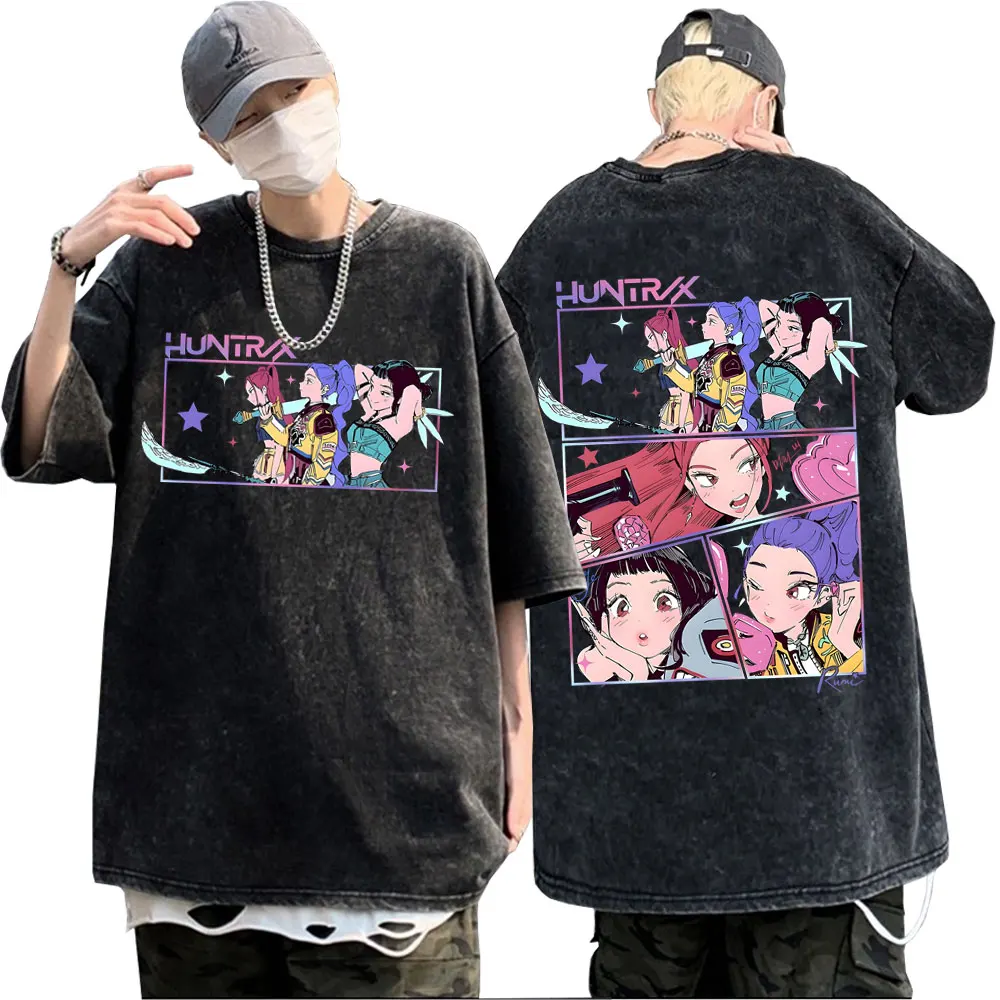 

Washed Vintage Cartoon Movie KPop Demon Hunters Rumi Mira Zoey Graphic Print T-shirt Men Women Casual Fashion Oversized T Shirt