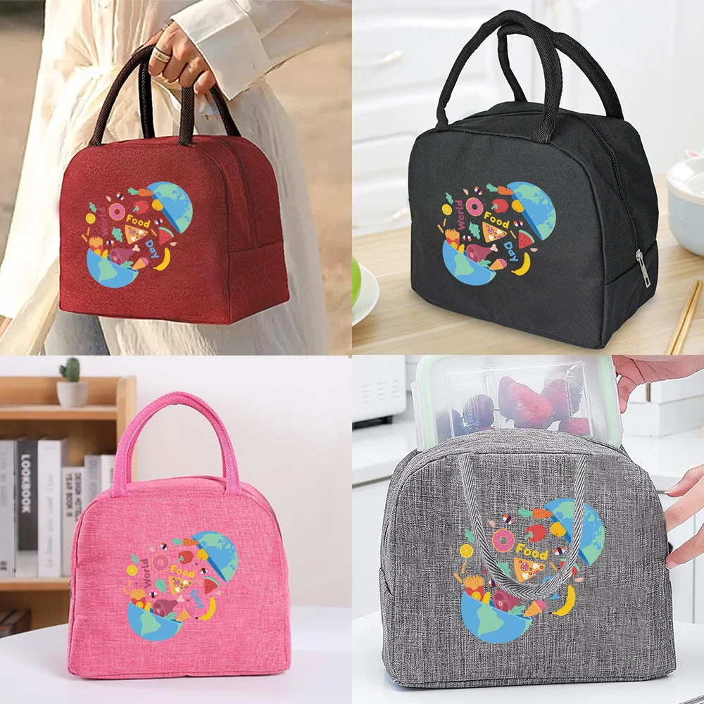 

Canvas Insulated Lunch Bag for Women Large Handbags Picnics Office Nurse Kids Global Cuisine Print Organizer Storage Bags