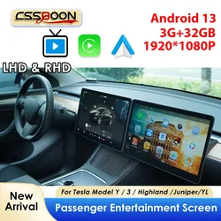 CSSBOON 15.6 Inch Passenger Entertainment Screen for Tesla Model 3 Y Highland Support Wireless Carplay Passenger Media Player