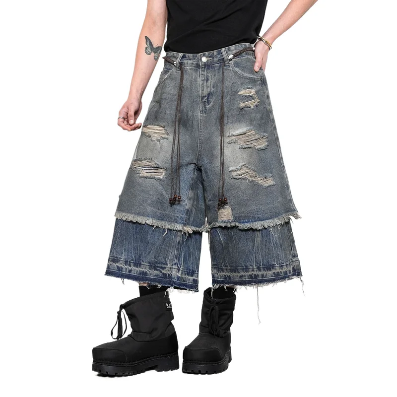 

Men's High Street Loose Fit Y2K Ripped Short Jeans Fashion Streetwear Destroyed Denim Shorts Calf-Length Washed Vintage