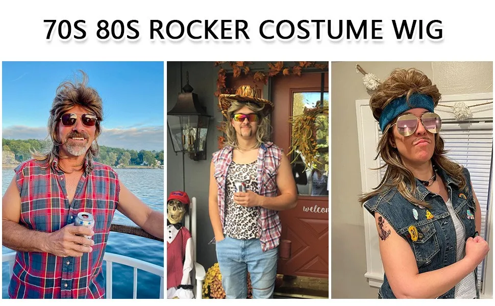 Mullet Wigs for Men Synthetic 70s 80s Costumes Mens Black Fancy Party Accessory Cosplay Hair Wig