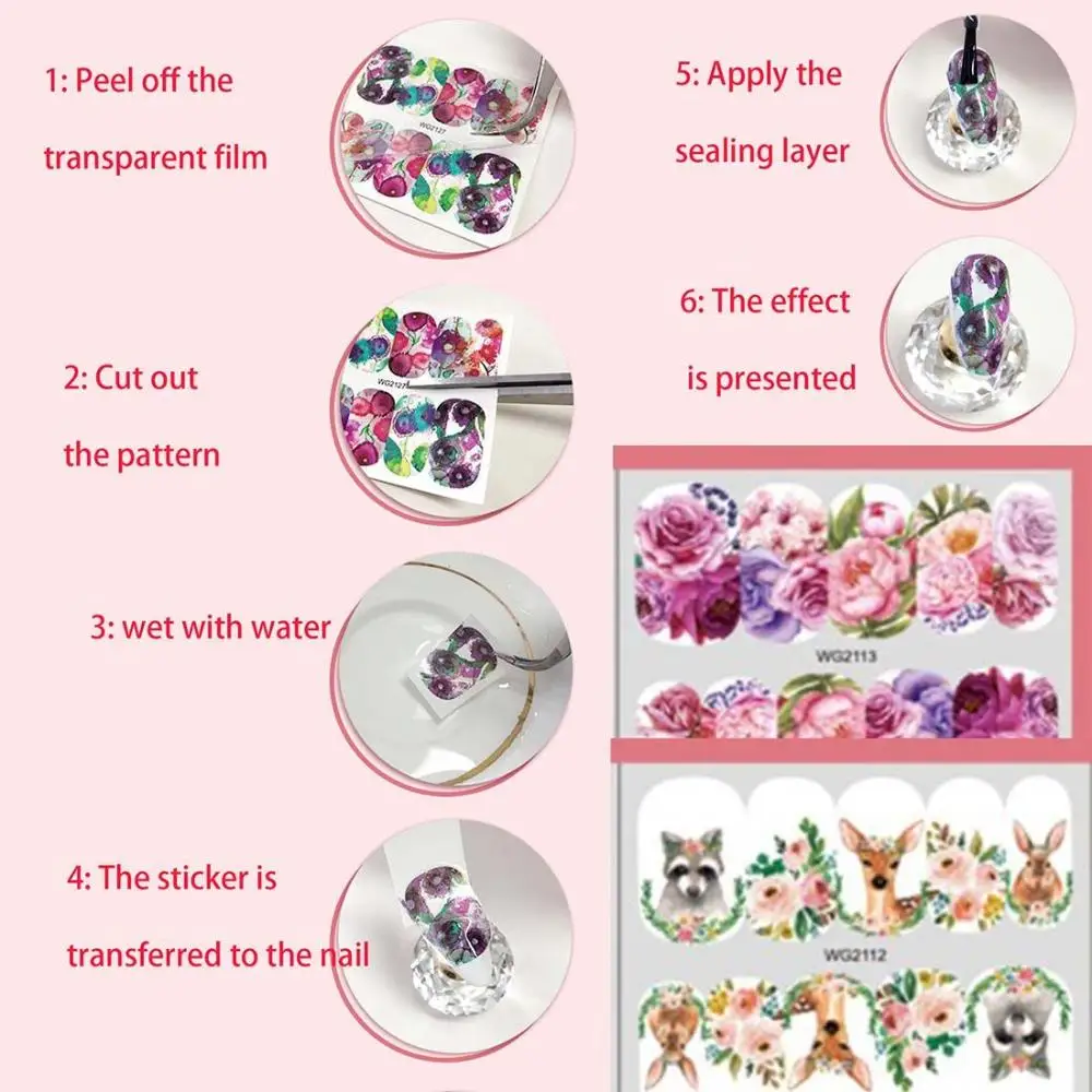 Deslizadores de hojas para decoración de uñas, pegatinas de agua para uñas de flores, calcomanía de transferencia de rosas, pegatina de hojas para uñas