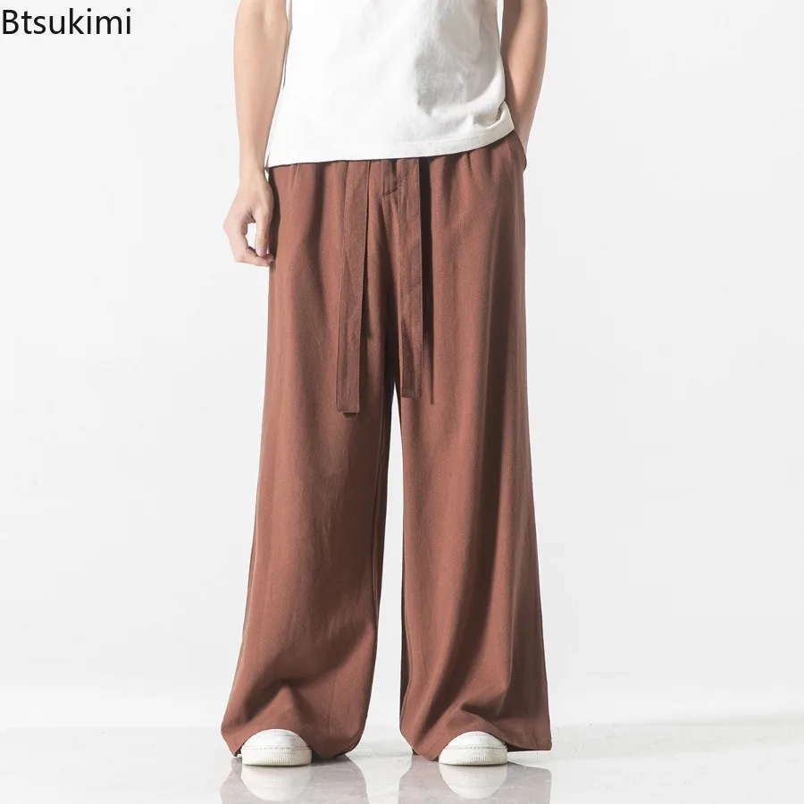 2025 New Chinese Style Men's Cotton Linen Casual Pants Harajuku Vintage Wide Leg Trousers Summer Streetwear Plus Size Men Pants