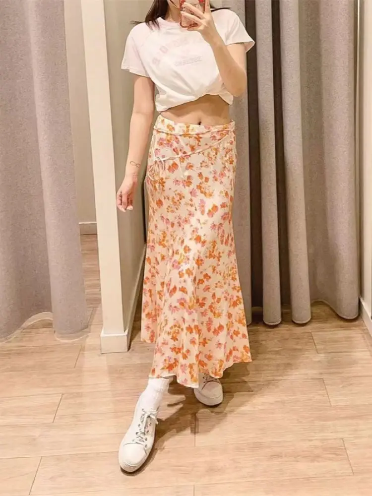 Women's Lace-up Skirt Floral Printed High Waist A-Line Pleated Vintage Summer 2024 Midi Jupe