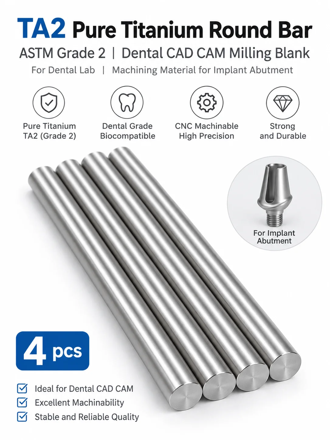 TA2 Pure Titanium Round Bar ASTM Grade2, Dental CAD CAM Milling Blank for Dental Lab, Machining Material for Implant Abutment