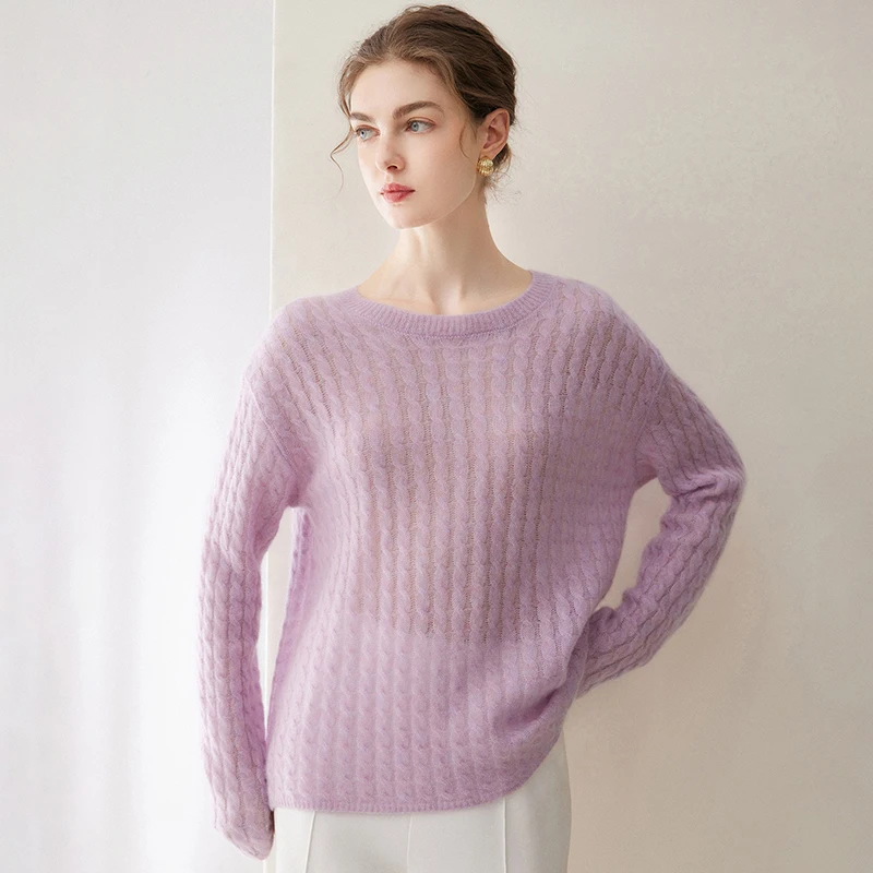 Women's 75% cashmere +25% mulberry silk sweater casual solid color knitted pullover loose round neck Blouse warm Tops Jumper