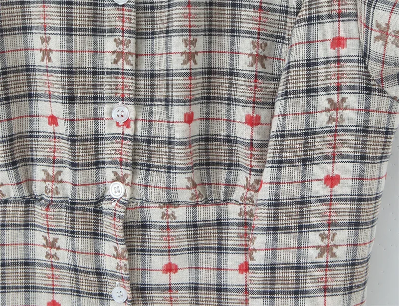 Damesblouse 2026 Lente Nieuw Geruit Print Kort Puffmouw Blouse met Volantdetail en Tailleband Casual Mode Veelzijdig