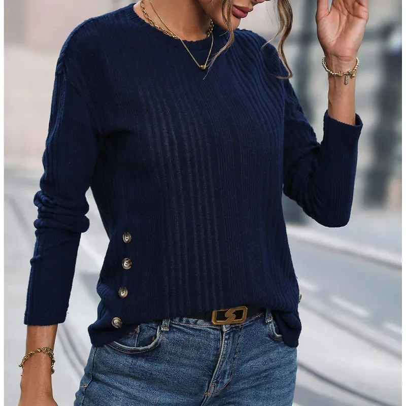 

2023 Autumn New Long Sleeve Thread Fashion Round Neck Trendy and Elegant Girls' Button Decoration Versatile Western Style Knitwe