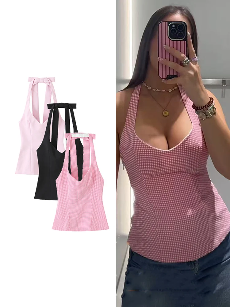 TFMLN Women's Summer Halter Tank Tops 2025 New Fashion Sweet Strapless Bow Elegant Street Casual Backless Female Top Clothing