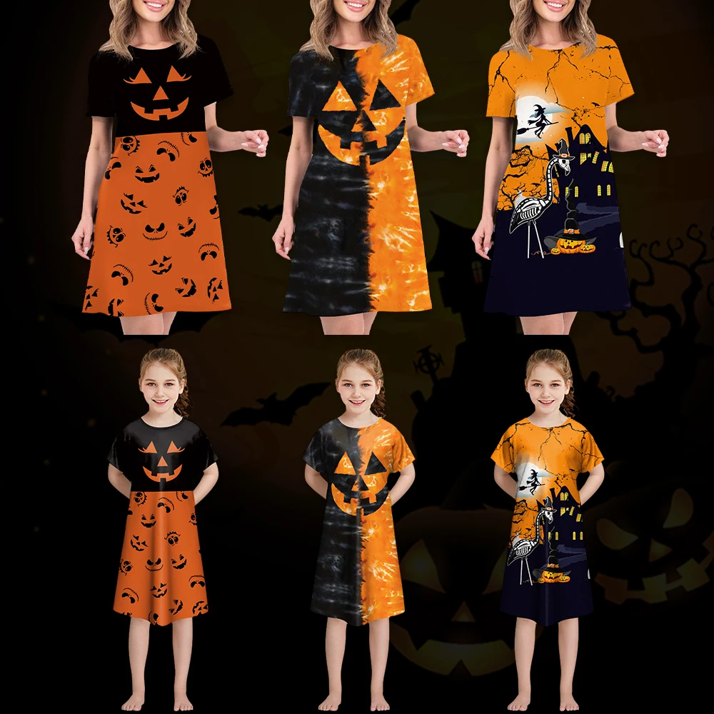 Zawaland Women Dresses Halloween Long Sleeve Casual T-Shirt Dress Funny Pumpkin Printed Parent-Child Clothing Loose Tunic Dress