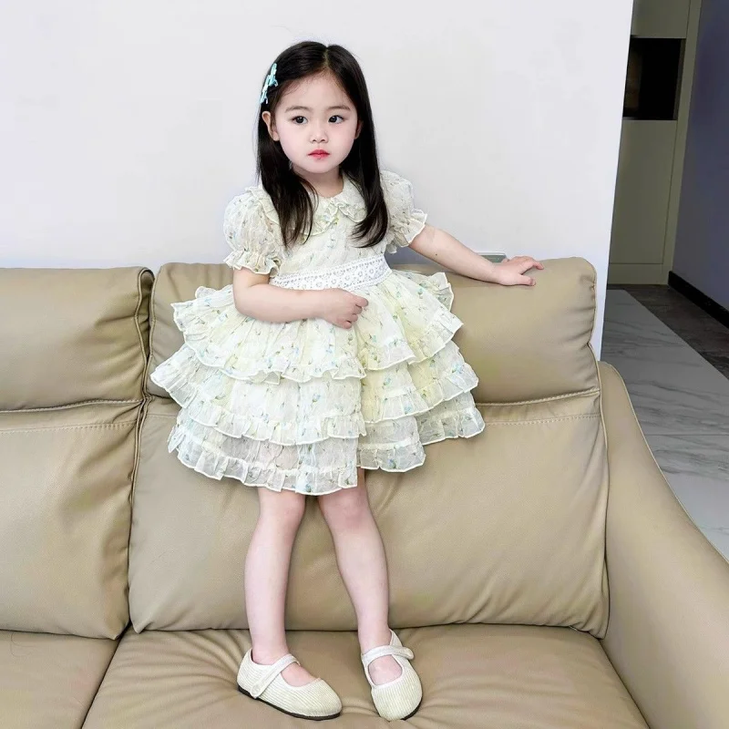 

Korean Children's Clothing for Girls2024Summer New Girls' Short-Sleeved Floral Dress Children's Fashionable Pettiskirt