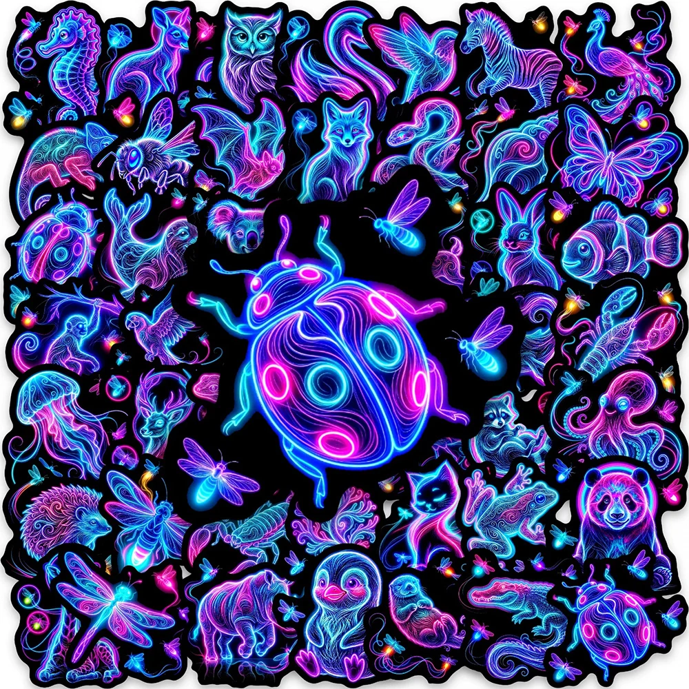 

10/30/50pcs Cool Neon Light Mix Animals Stickers Aesthetic Insects Bear Rabbit Cartoon Decals for Suitcase Guitar Laptop Sticker