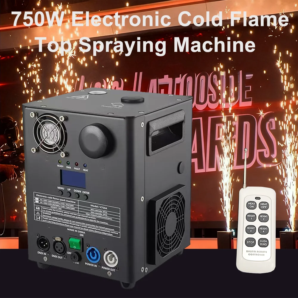 

Электронная машина для распыления холодного пламени 750 Вт с дистанционным управлением DMX512 для DJ, дискотеки, вечеринки, свадьбы, бара, клуба, сценического эффекта