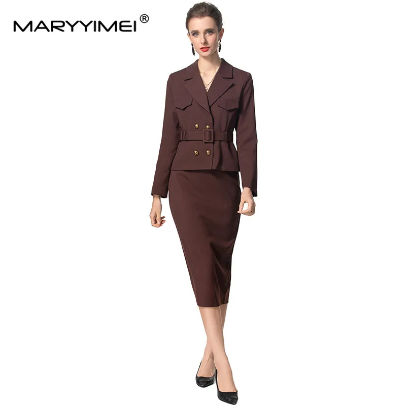 MARYYIMEI Women\'s Elegant Office and Business Suit Long Sleeved  Double-Breasted Tops+ Slim-Fit Hip Wrap Skirt 2 piece set