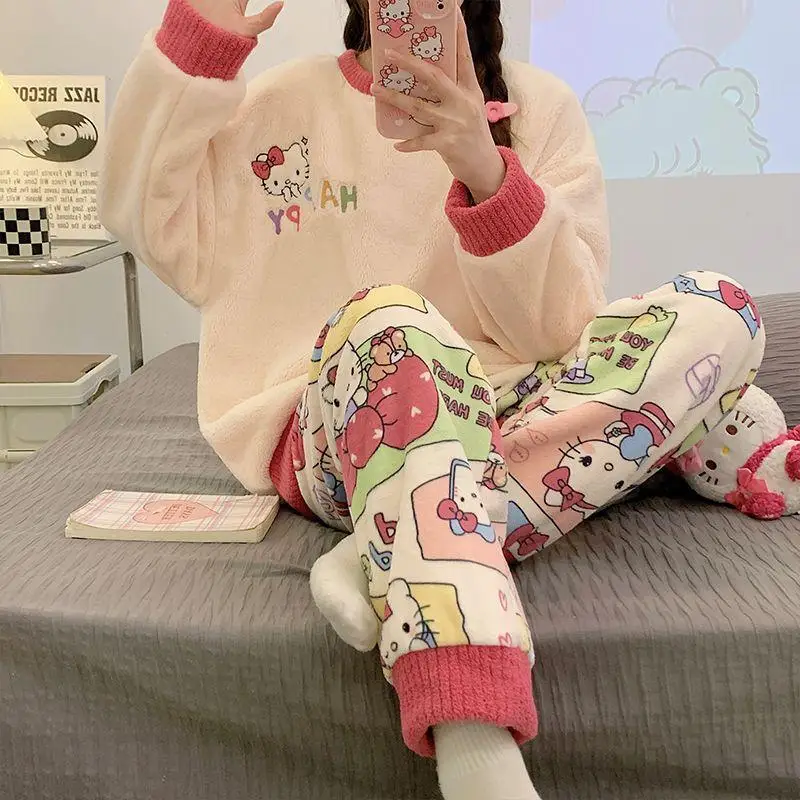 Hot Sanrio Girl Flannel Round Neck Winter Keep Warm Pajama Set Kawaii Hello Kitty Comic Student Fashion Thickening Leisure Wear