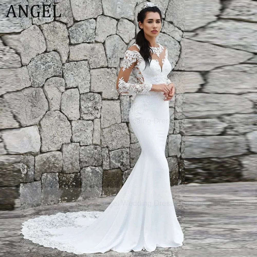 

ANGEL Mermaid Wedding Dress Illusion Scoop Lace Back Buttons Vestidos De Noiva Mariage Bridal Gown Bride Satin Applique Train