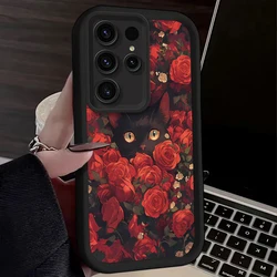 Rose Flower Mystery Black Cat Matte Case for Samsung Galaxy S25 S24 S23 Ultra S22 S21 Plus FE 5G A54 A34 A14 A73 A53 A33 5G Capa