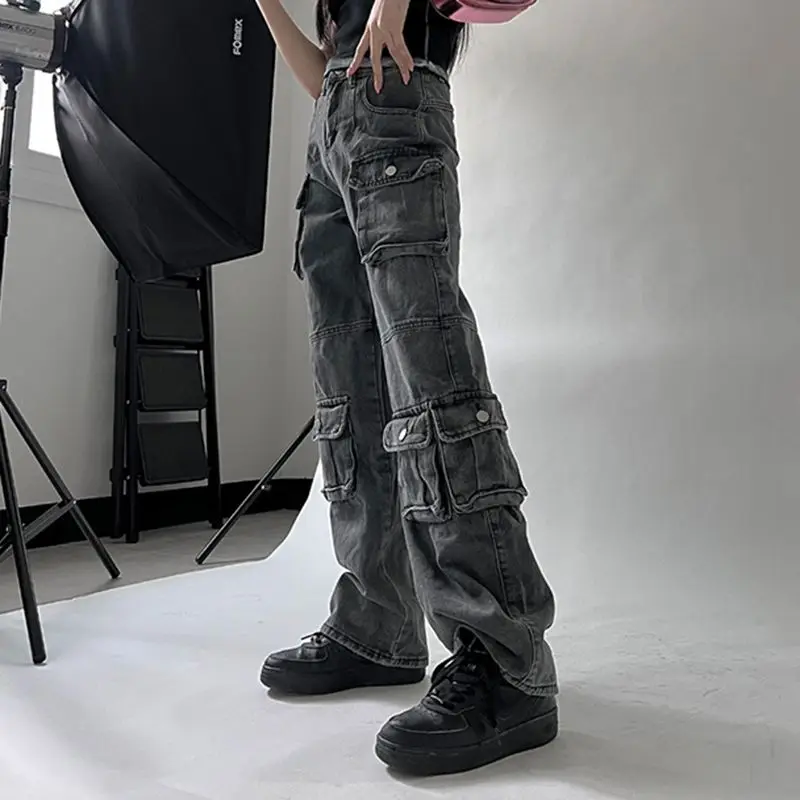 Dżinsy z wieloma kieszeniami i wysokim stanem Y2K New Solid Color Loose Women's High Street Retro Hip Hop Wide-Leg Pants Casual Straight Jeans