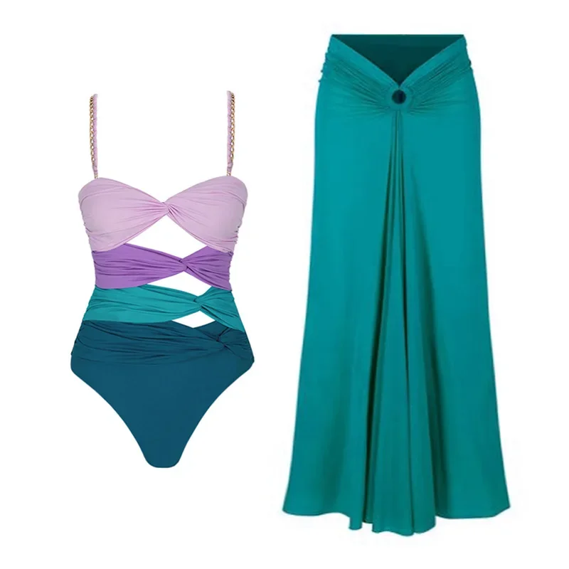 

One Piece Swimsuit With Cover Up Hollow Sexy Swimwear Women Off Shoulder Swim Suits Patchwork Bathsuit Belt Bodysuit Beachwear