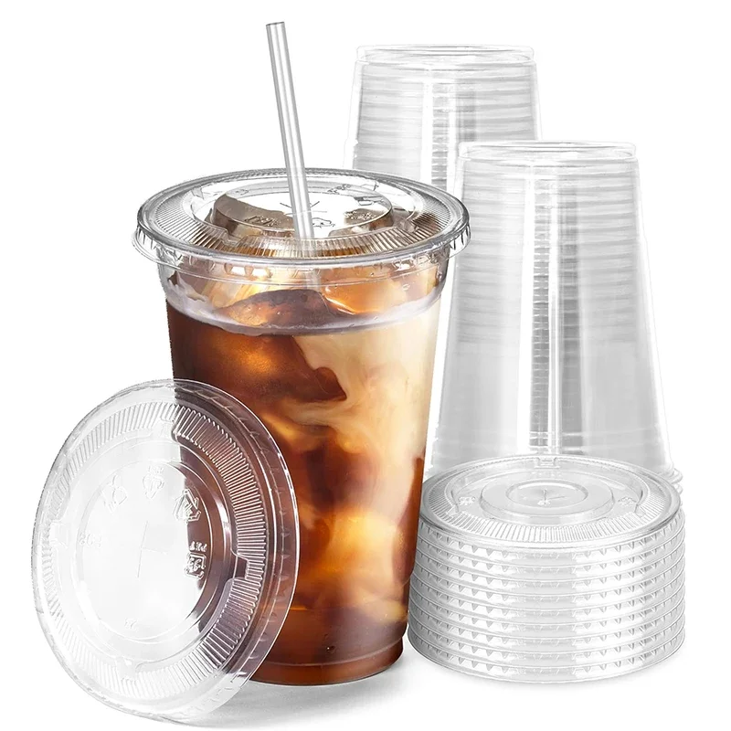

100pcs/Set Plastic Cups With Lids Disposable Cups For Iced Coffee Smoothie Milkshake Cold Drinks Birthday Party Supplies