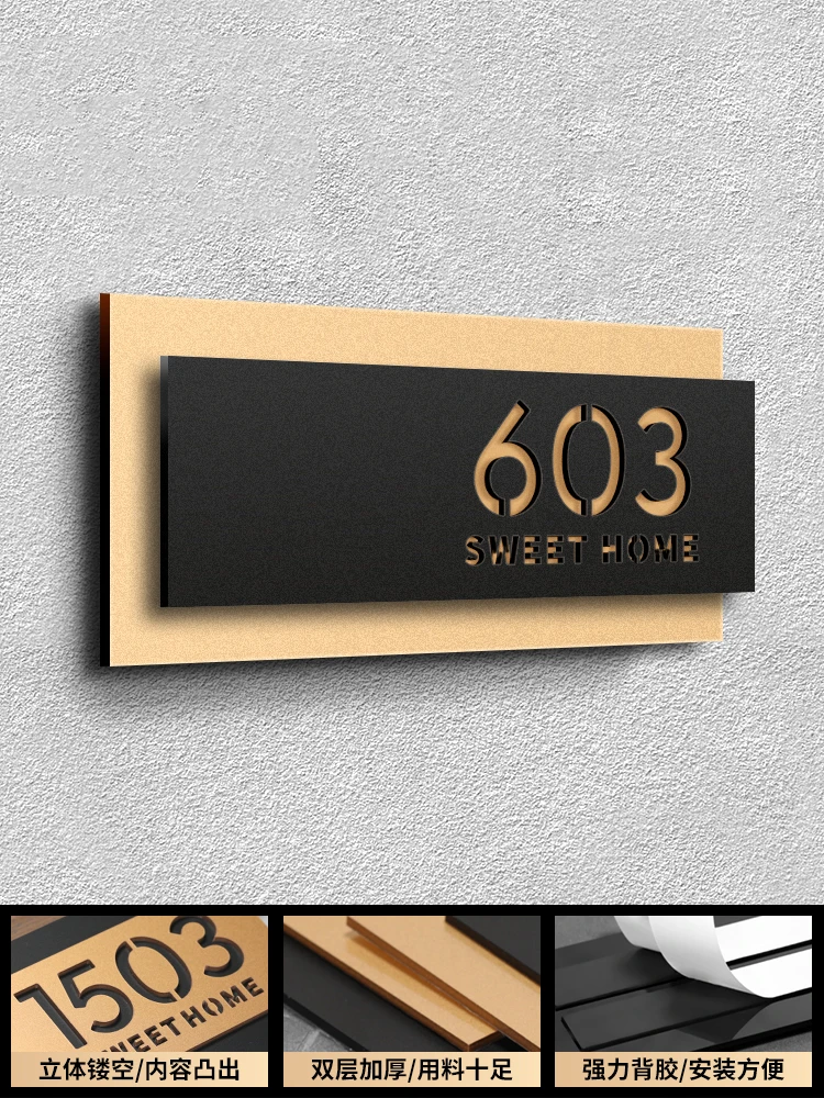 Modern Design House Number Plaque Personalized Custom 3D Black Gold Acrylic Outdoor Sign Wall Room Address Name Plate Door Decor