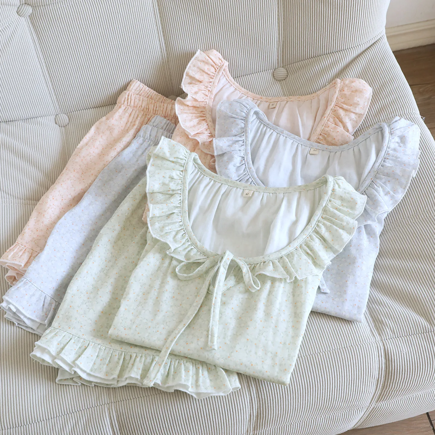 Summer Cotton Simple Cute Sweet Ruffles Round Neck Sleeveless Vest Style Tops Shorts Women's Thin Home Clothing
