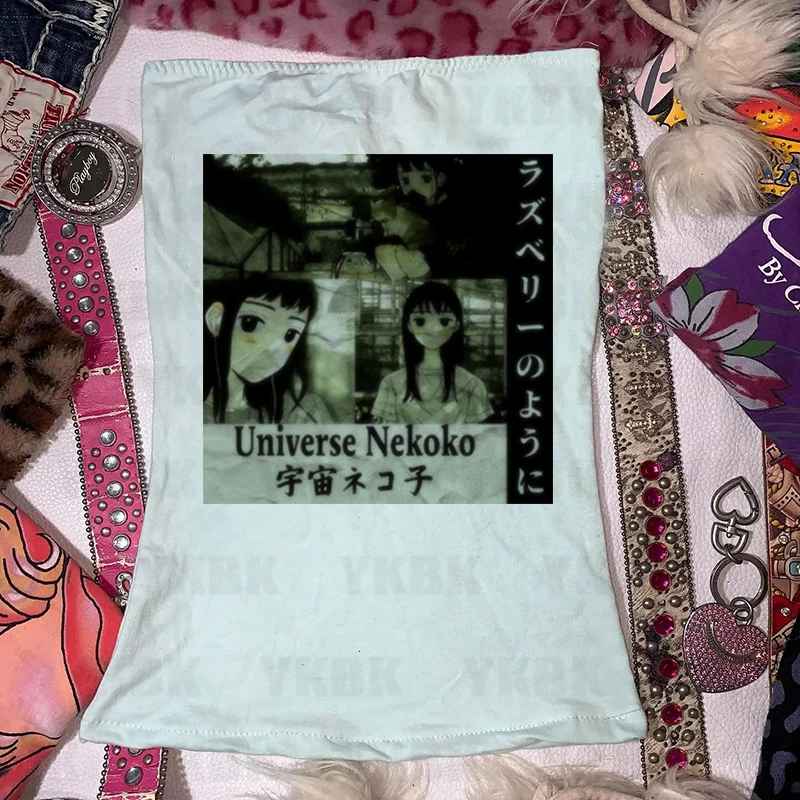 Y2k طباعة أنيمي سترة حزام أبيض عادية Harajuku المرأة فاسق مثير مشد الجرونج ايمو ريترو فتاة باردة القوطية أكمام الشارع الشهير