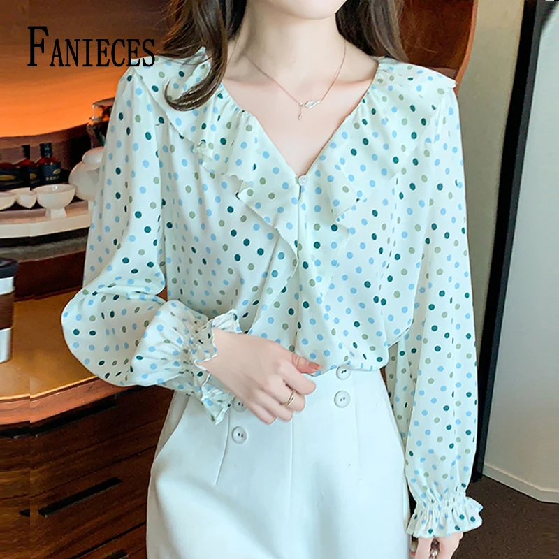 

FANIECES Polka Dot Print Shirt All-match Streetwear Ruffle V Neck Casual Chiffon Female Blouse Elegant Top 여성 상의 блузка с рюшами