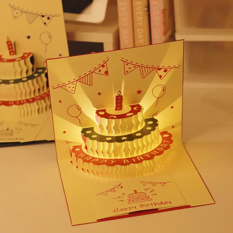 3d Musical Birthday Cake Card Led Light Pop-up Greeting Cards With Envelope For All Occasion Girl Kid Wife Postcards