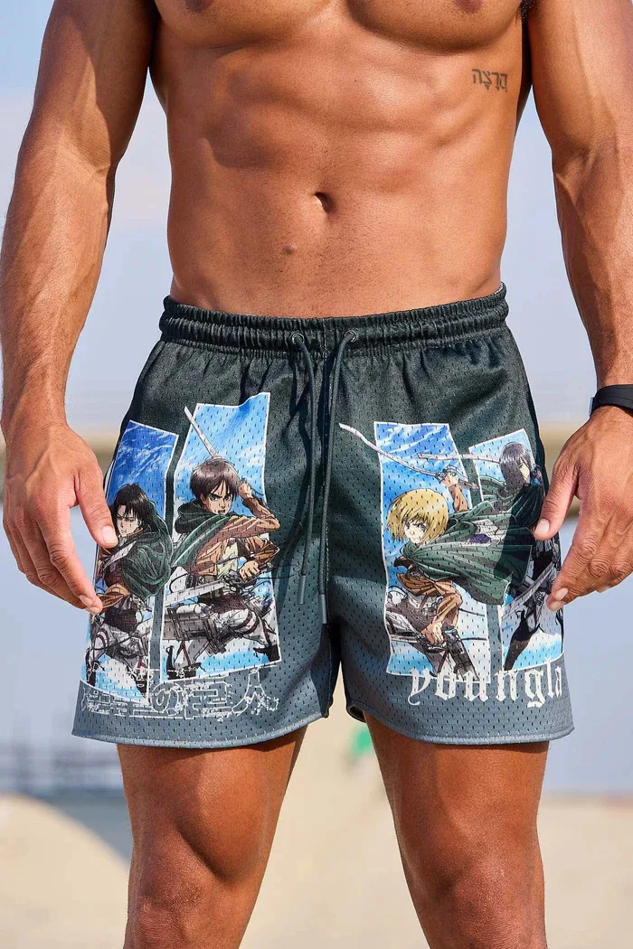 Shorts da moda americana masculina, estilo anime legal, malha de secagem rápida, estiramento respirável, calção de cordão, calça de praia casual