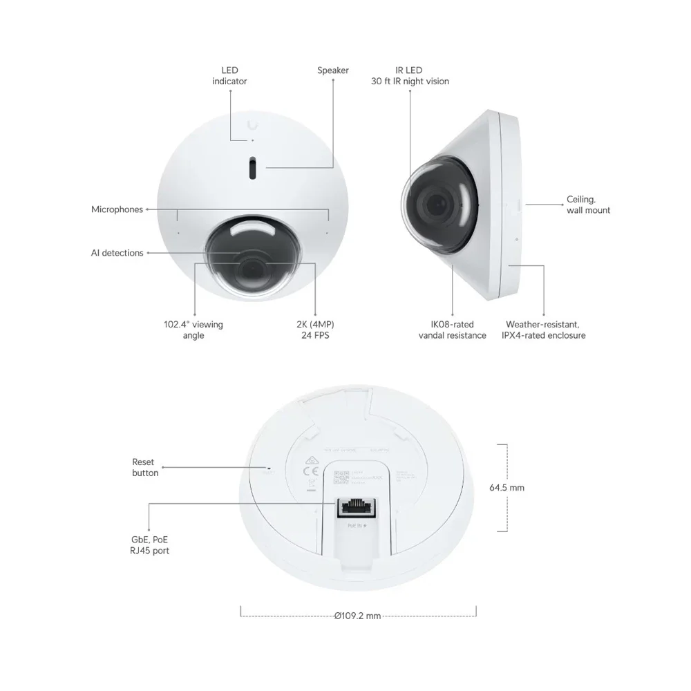 Cámara UBIQUITI UVC-G4-Dome Cámara PoE domo G4 de alta resolución diseñada para vigilancia aérea y de área amplia Vídeo 2K (4MP)
