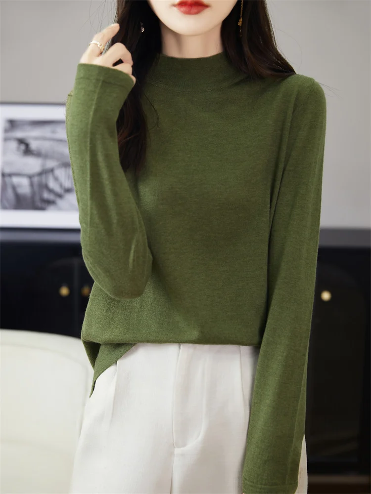 Women's Pure Wool Knitted Pullover Spring Autumn New Loose Sweater Casual Long-Sleeved Blouse Half Turtleneck Woolen Base Shirt