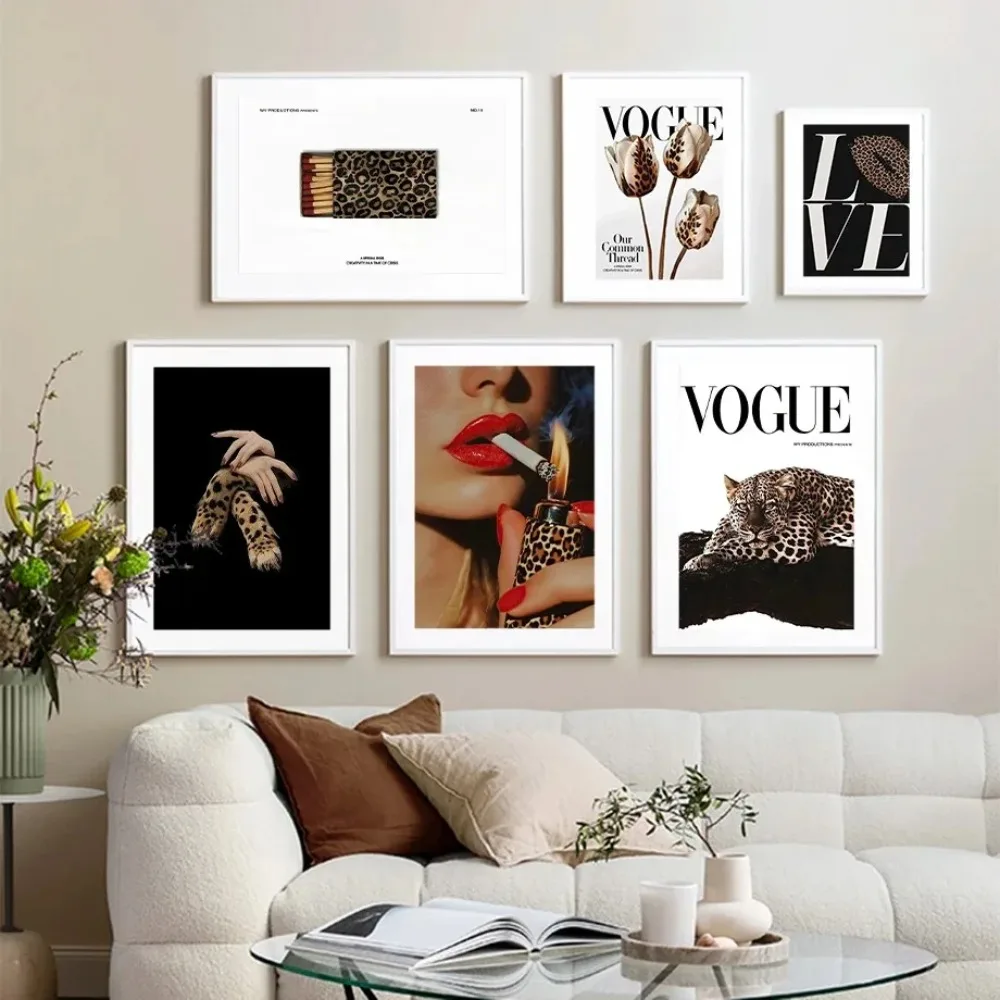 Affiche de mode léopard Rose, Match léopard, femmes et léopard Sexy, peinture sur toile d'art mural, affiche nordique, décor de salle