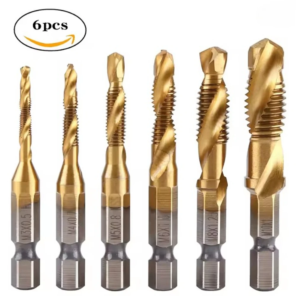 6Pcs Compound Metric Tap Drill Bits Screw Thread Hex Shank Machine Titanium HSS Tap Bit Tool For Metal Steel Wood Plastic