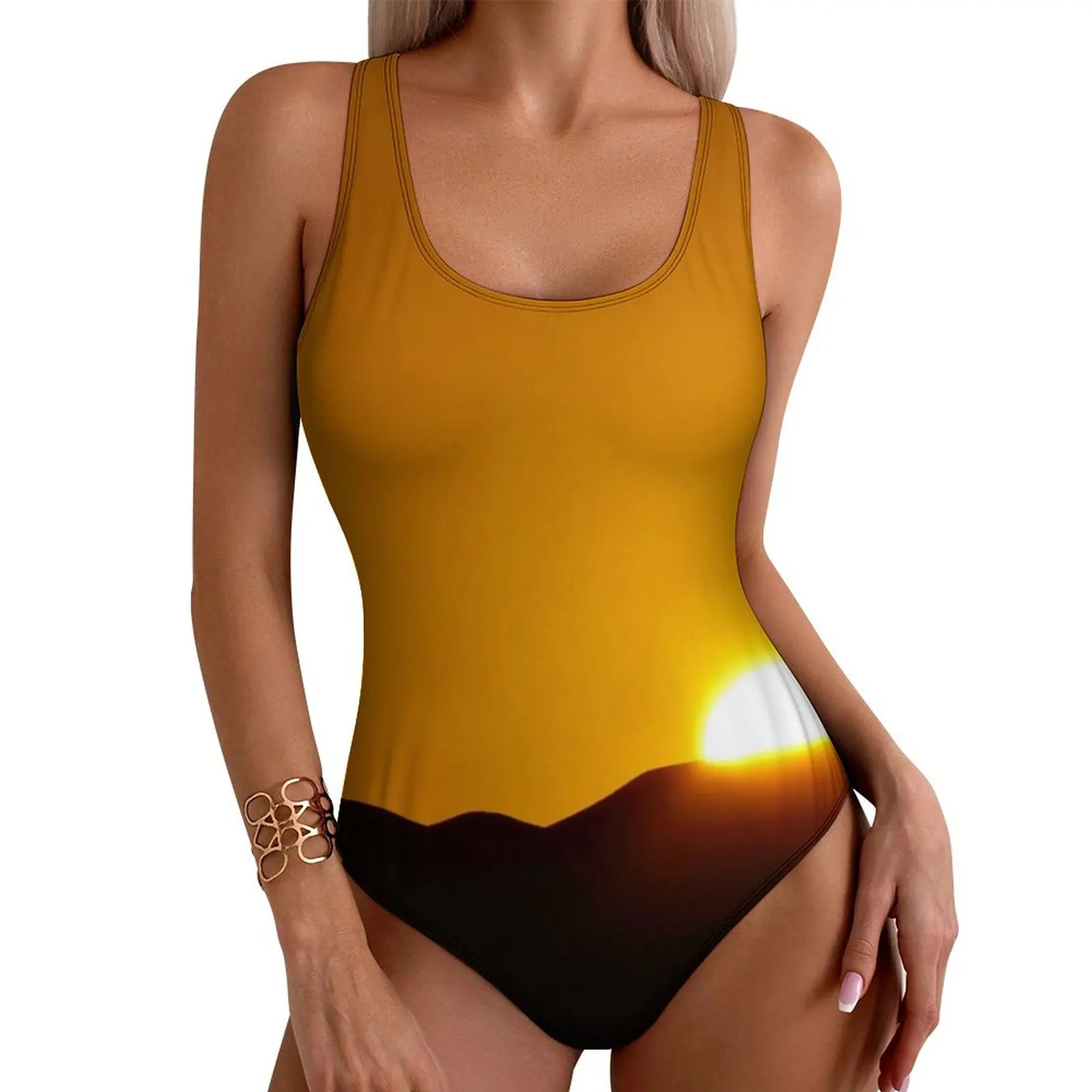 

Golden Desert Swimsuit Dunes Sunset Landscape Swimwear One Piece Holiday Pool Graphic Swimsuits Cut Out Bathing Suit Woman