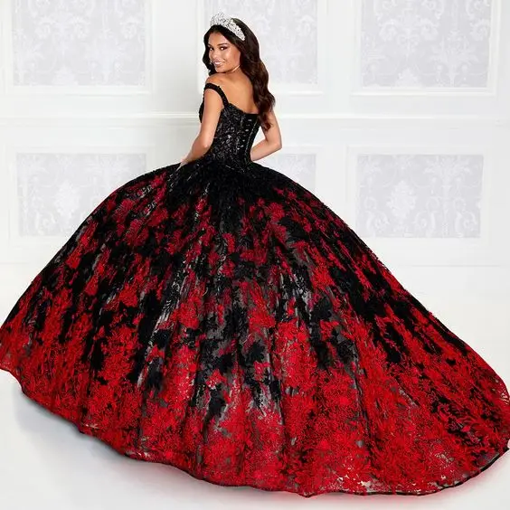 Black Red Dramatic Quinceañera Dresses Off Shoulder Puffy Skirt Gillter Lace Applique Corset Mexican Vestido 15 años princesa