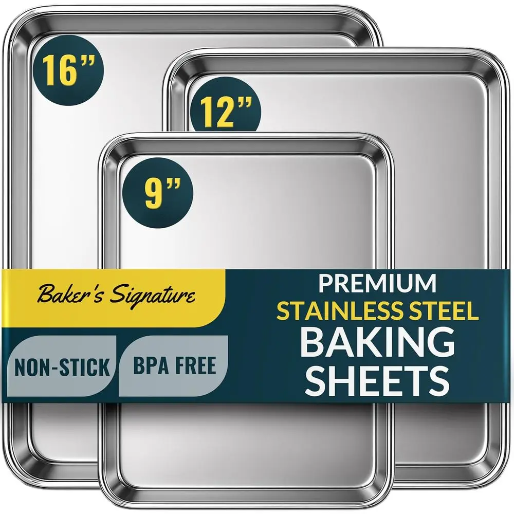 

Baker’s Signature Stainlokie Sheet Pan, StainlSteel Bg Sheet Set o 3, Mirror inish, Non-Stick, Rust Resistant, BPA ree, Dishwash