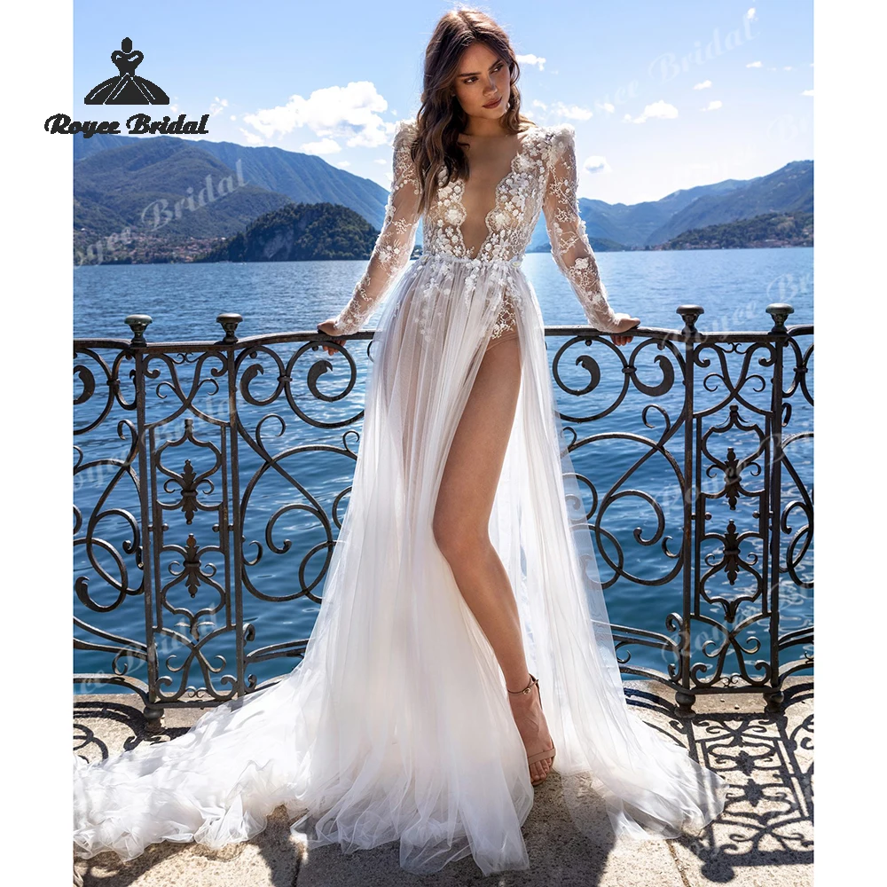 Sexy Appliques A Line Wedding Dresses 2026 Deep V Neck Backless Sheer Tulle Customized Beach Bridal Gown Custom Vestido De Novia