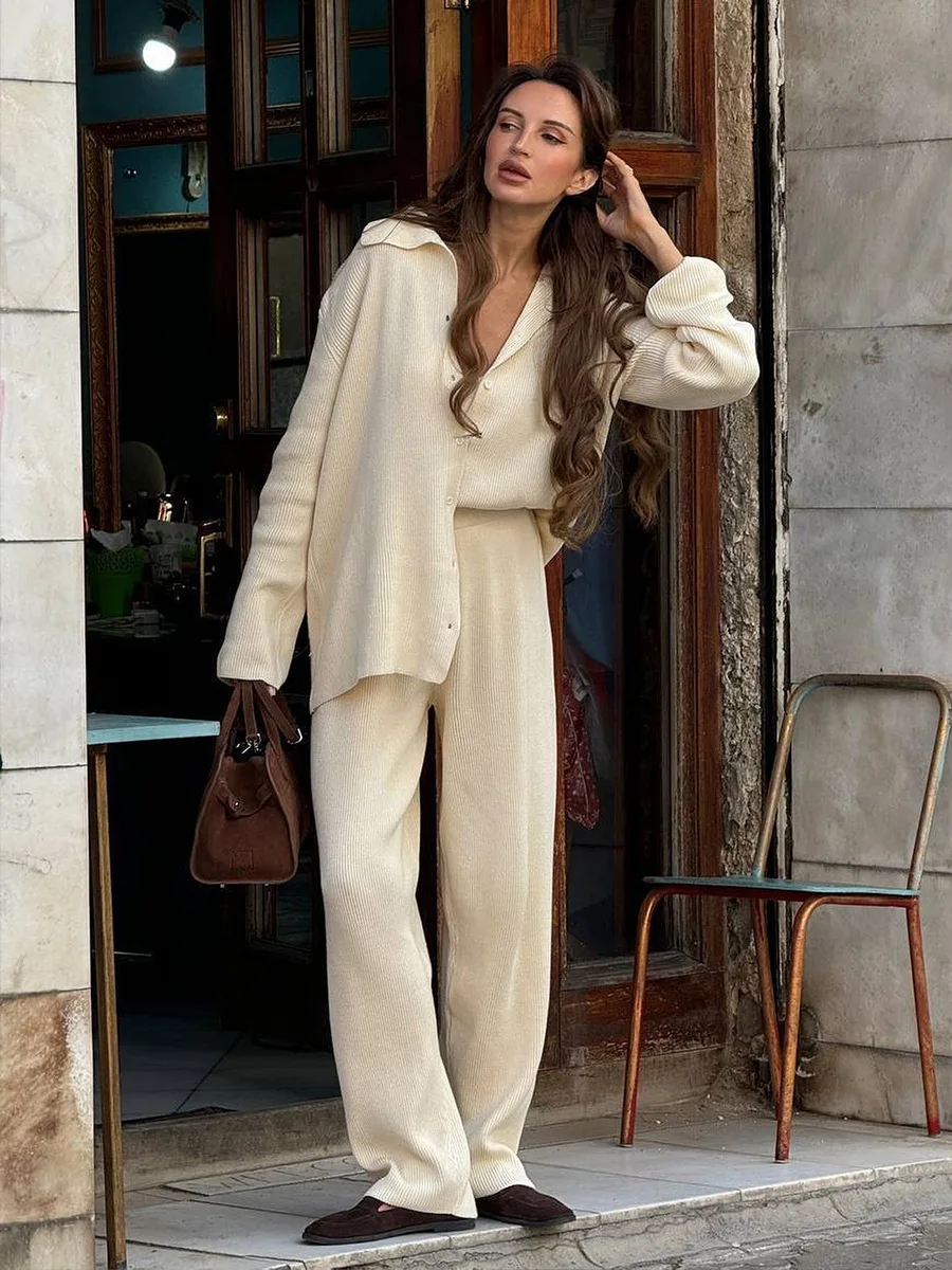 

EINY Autumn Winter Knitted Cardigan Pants Set Loose Two Piece Casual Sweater Suit Women Thick Warm Wide Leg Knitwear Outfit Traf